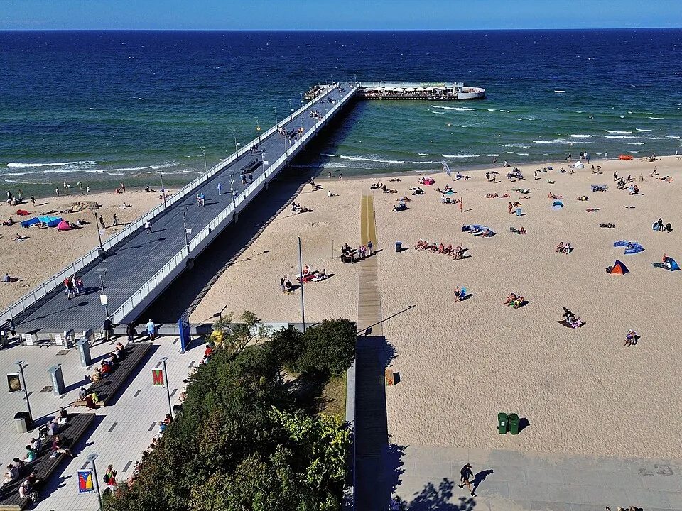 Molo i plaża w Kołobrzegu, widok z lotu ptaka: okolica, nie zdjęcie obiektu